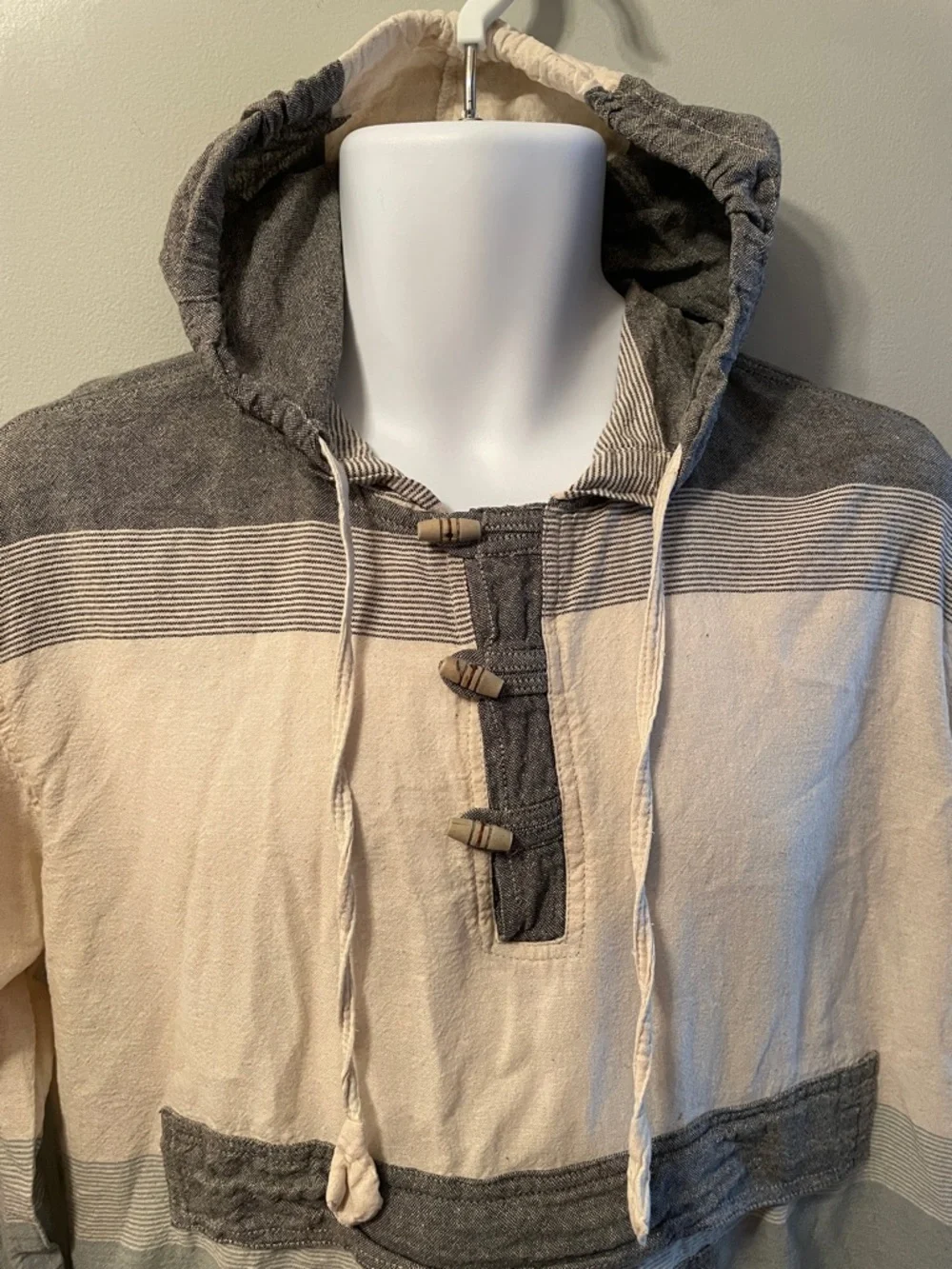 ARK IMPORTS Nepal Boho Cotton Hooded Kangaroo Wooden Button Hippie Coastal Top - Picture 2 of 12